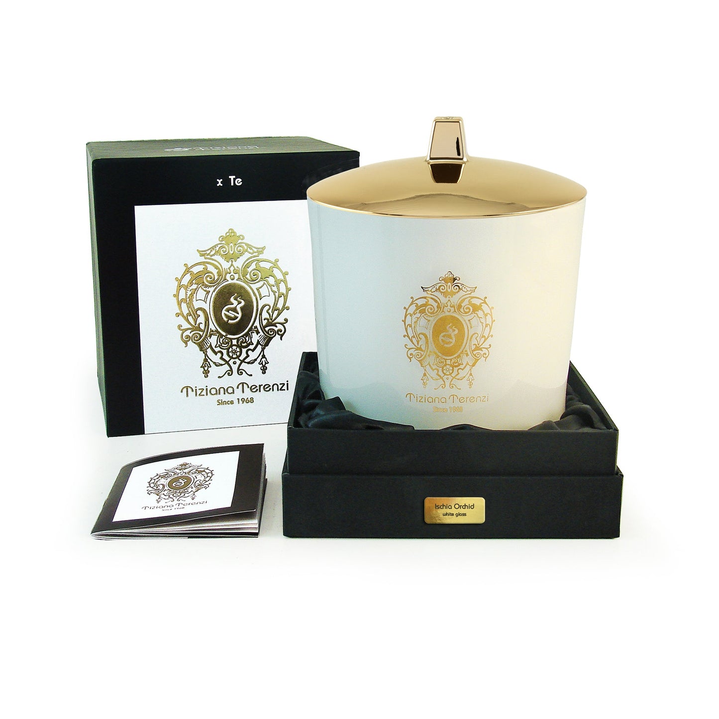 Vela Orquídea Ischia, vidrio blanco, 3 mechas de madera - 35.3 oz